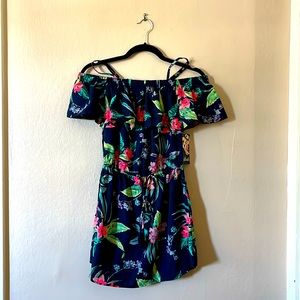 NWT Hint of Blush Blue Floral Off-Shoulder Ruffle Spaghetti Strap Mini Dress S